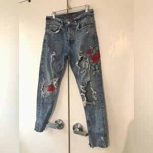 Men’s Embroidered Blue Jeans with Red Floral Design